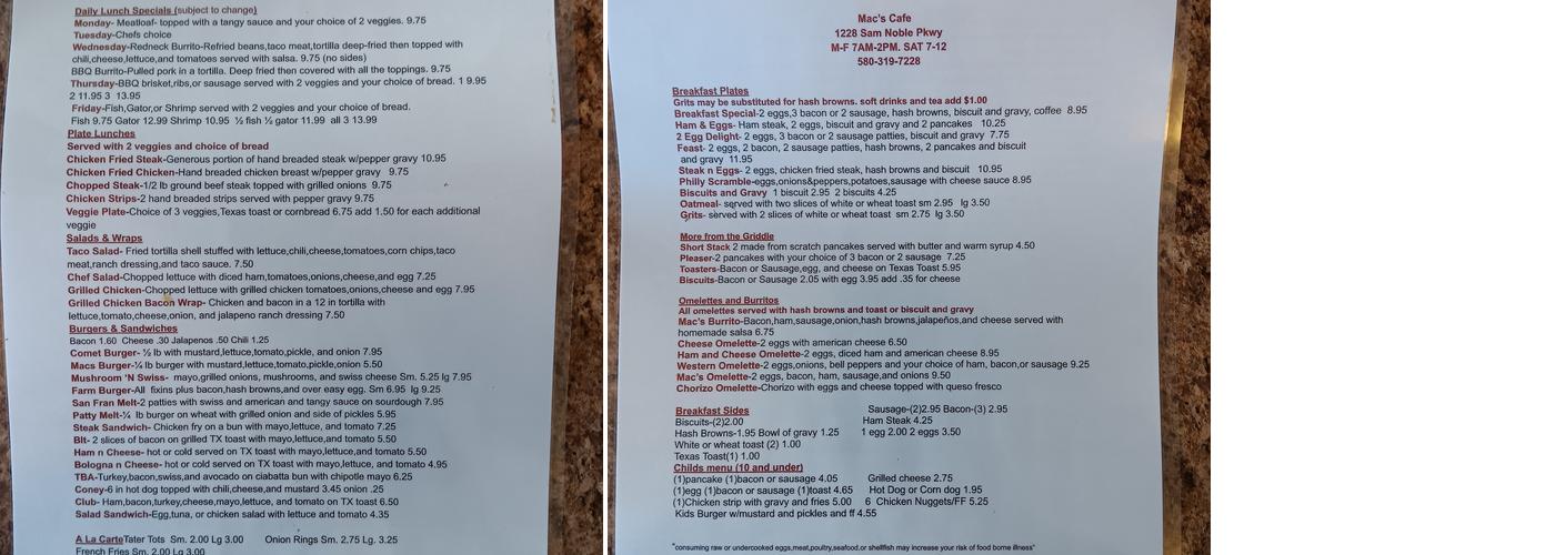 Mac's Cafe Menu