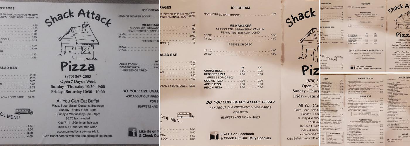Shack Attack Pizza Menu