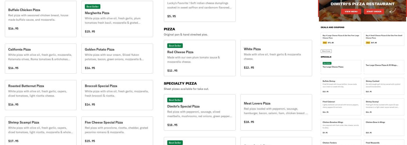 Dimitri's Pizza Restaurant Menu