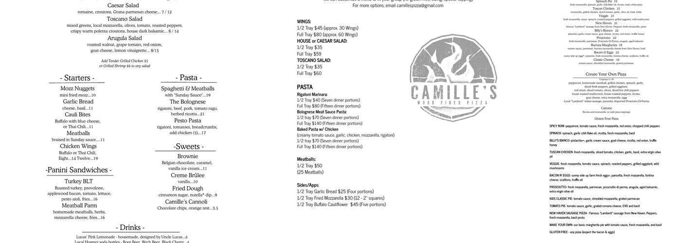 Camille's Wood Fired Pizza Menu