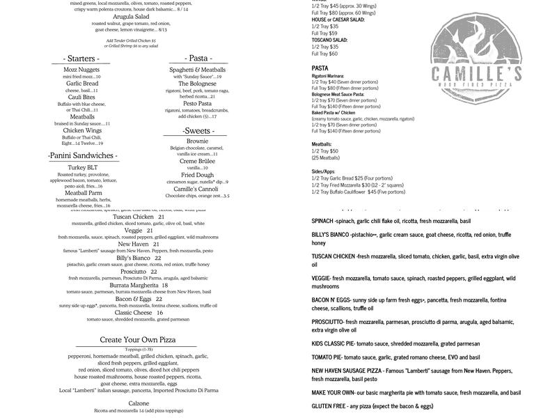 Camille's Wood Fired Pizza Menu
