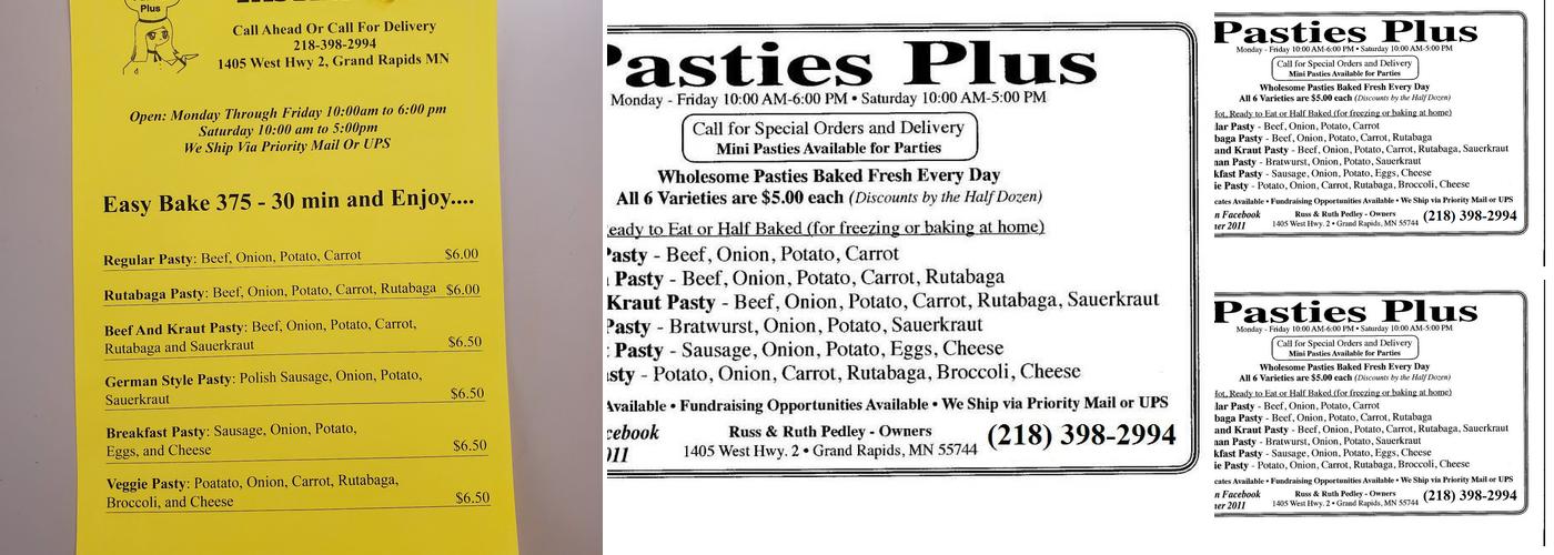 Pasties Plus Menu