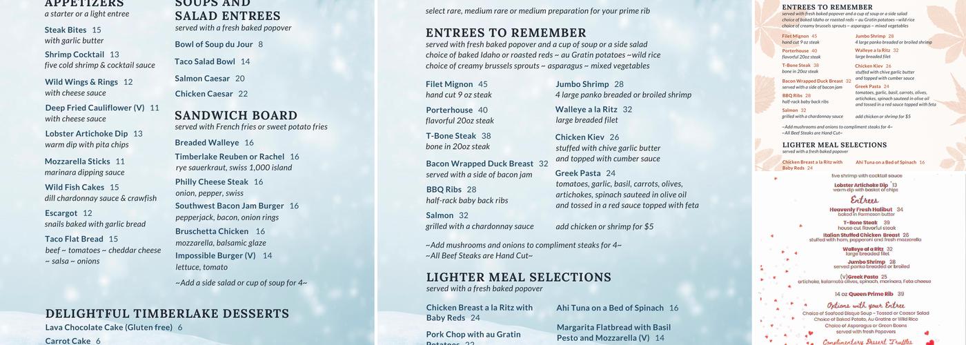 Timberlake Restaurant Menu