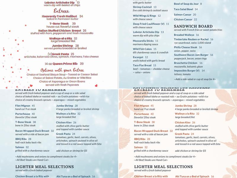 Timberlake Restaurant Menu