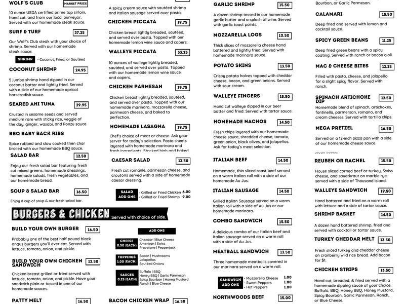 Timberwolf Inn & Restaurant Menu