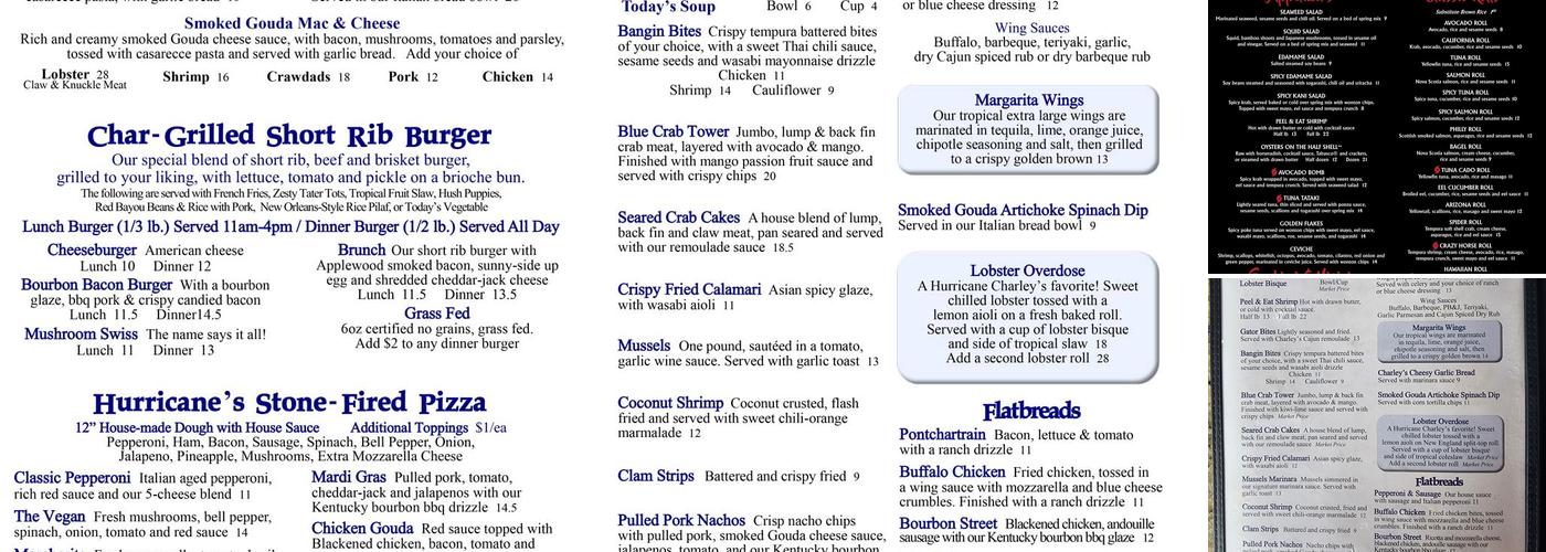 Hurricane Charley's Sushi, Raw Bar & Grill Menu