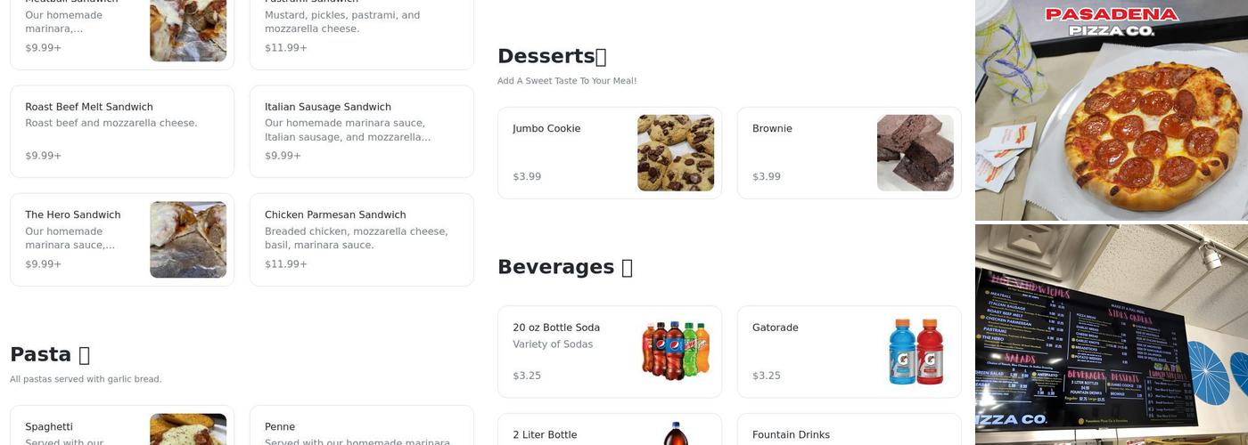 Pasadena Pizza Menu