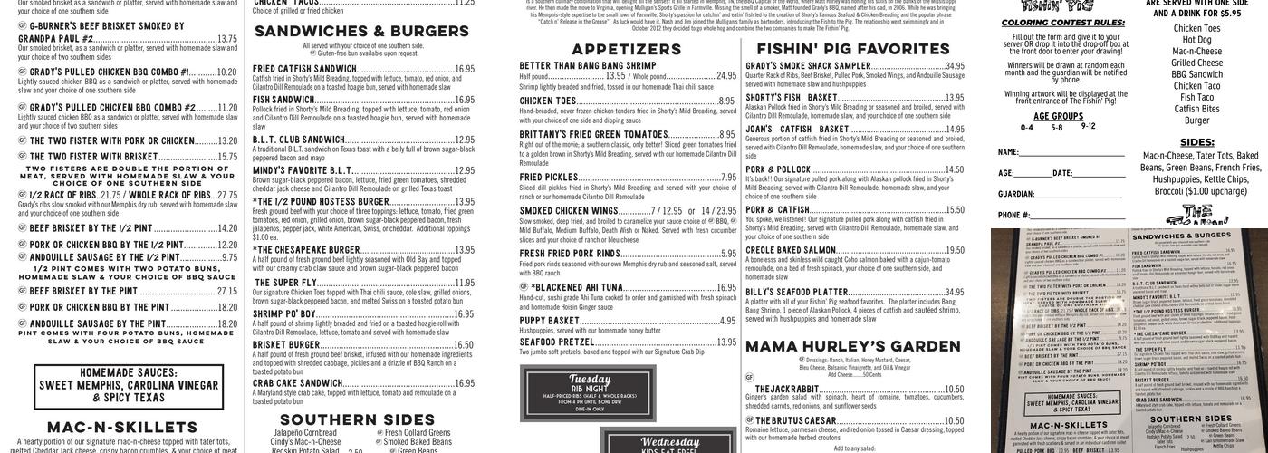 The Fishin' Pig Menu