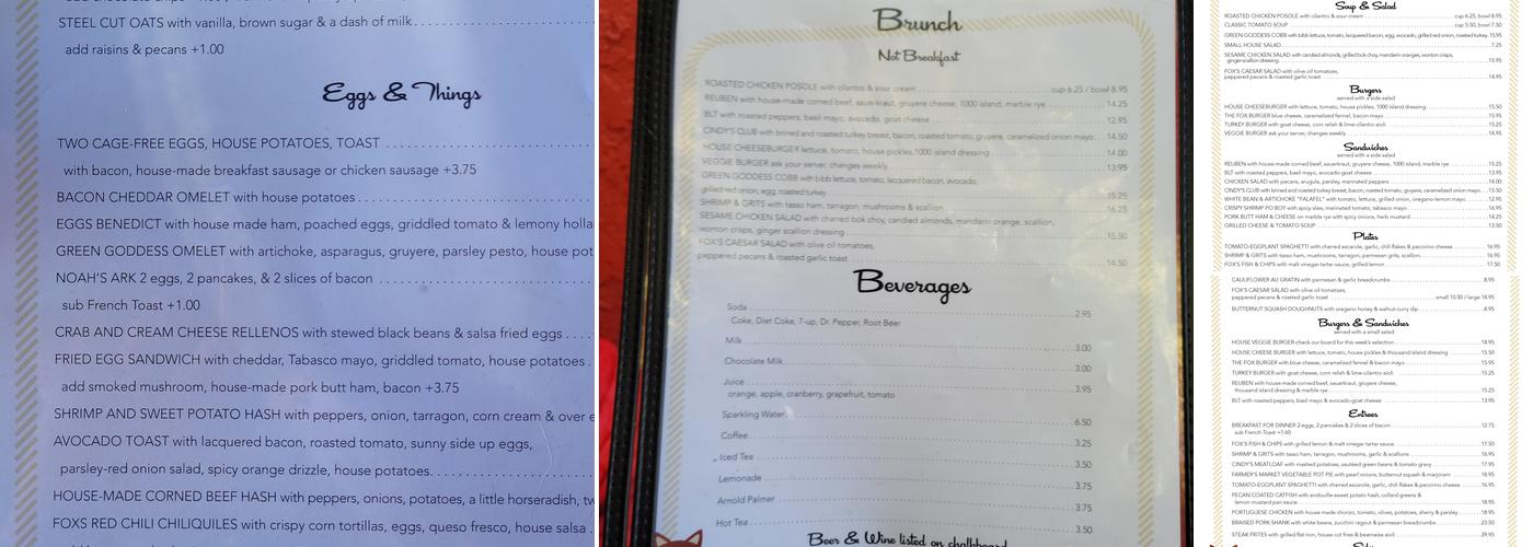 Fox's Restaurant Menu