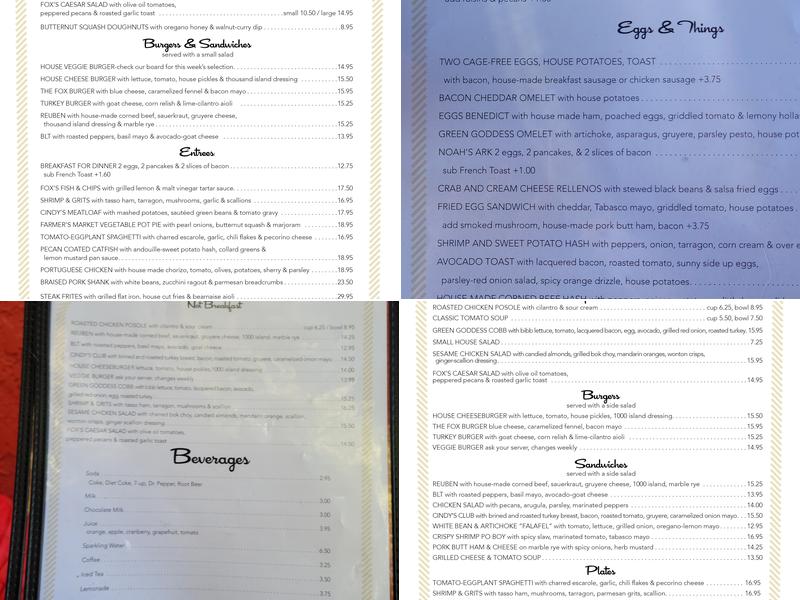 Fox's Restaurant Menu