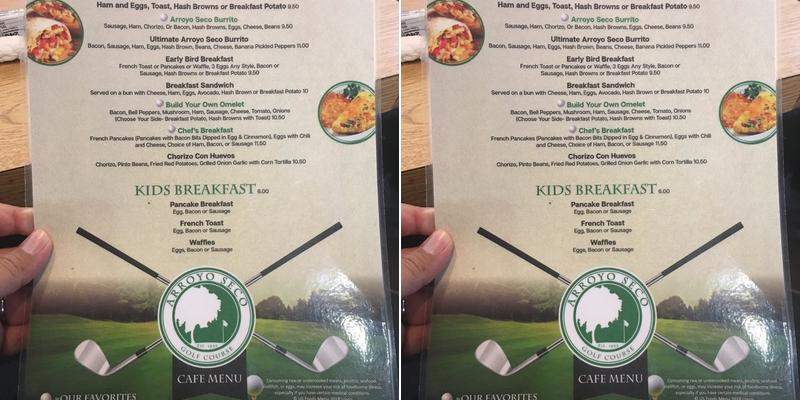 Arroyo Seco Golf Course Menu