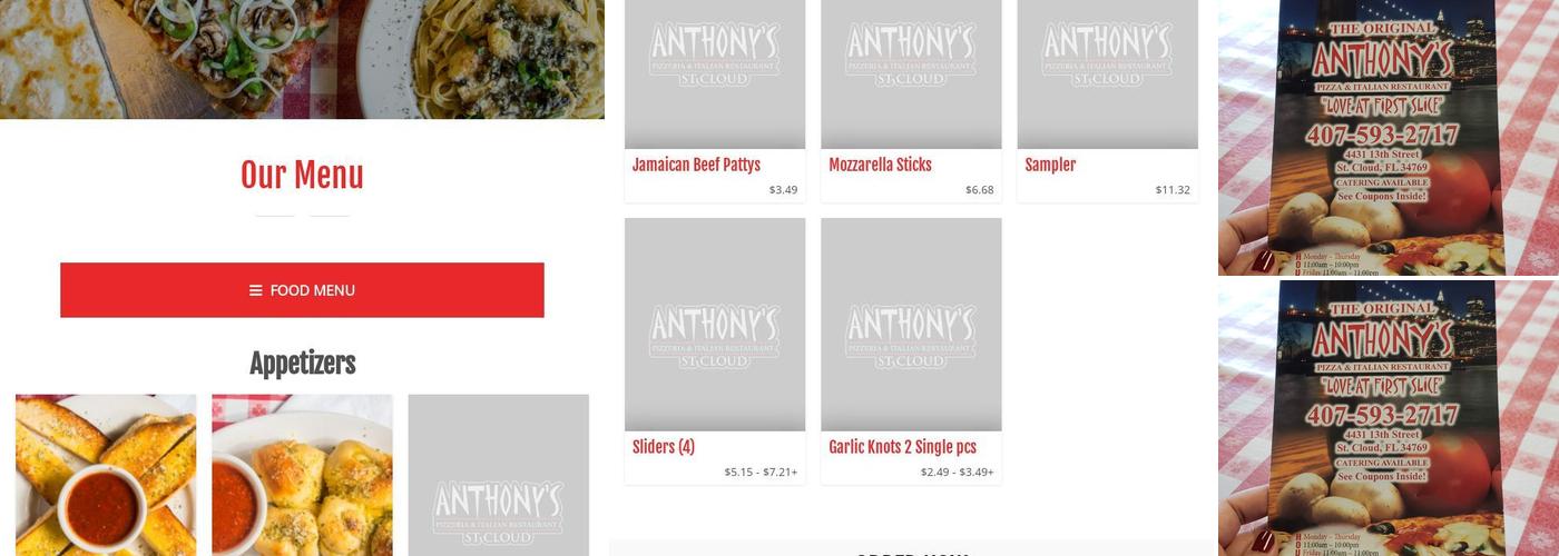 Anthony's Pizza Menu