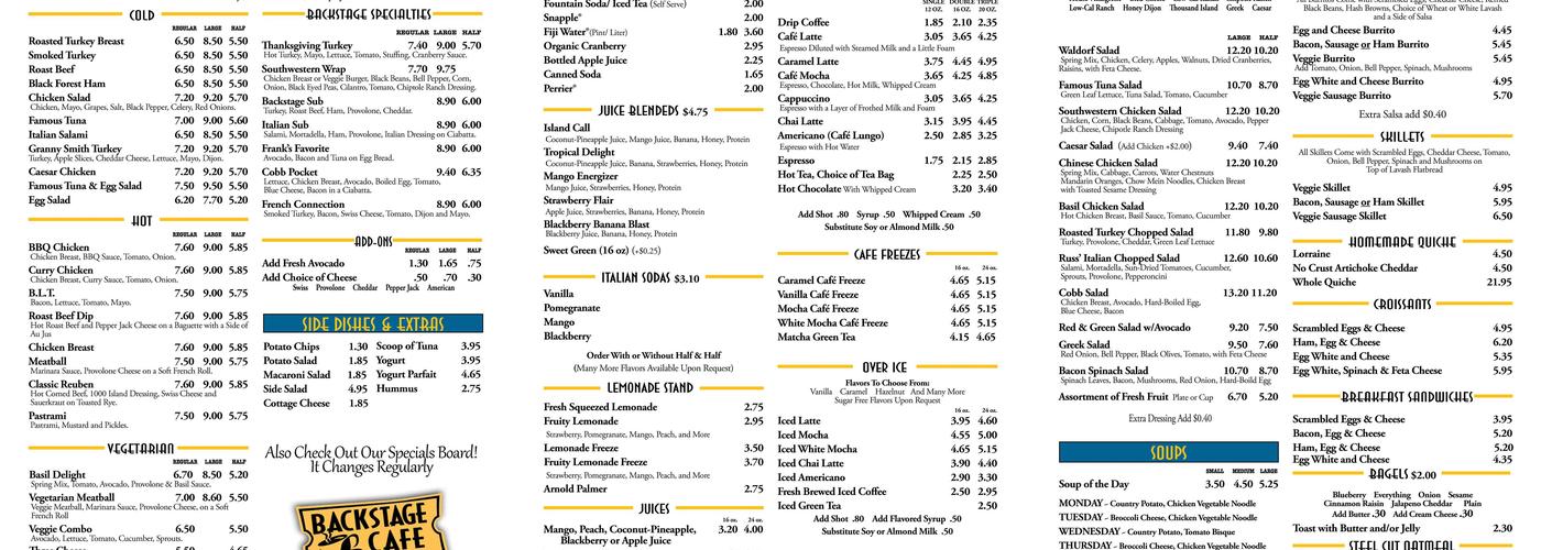 Backstage Cafe Menu