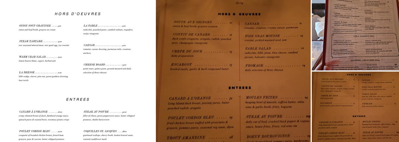 La Fable Menu