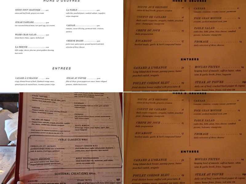 La Fable Menu