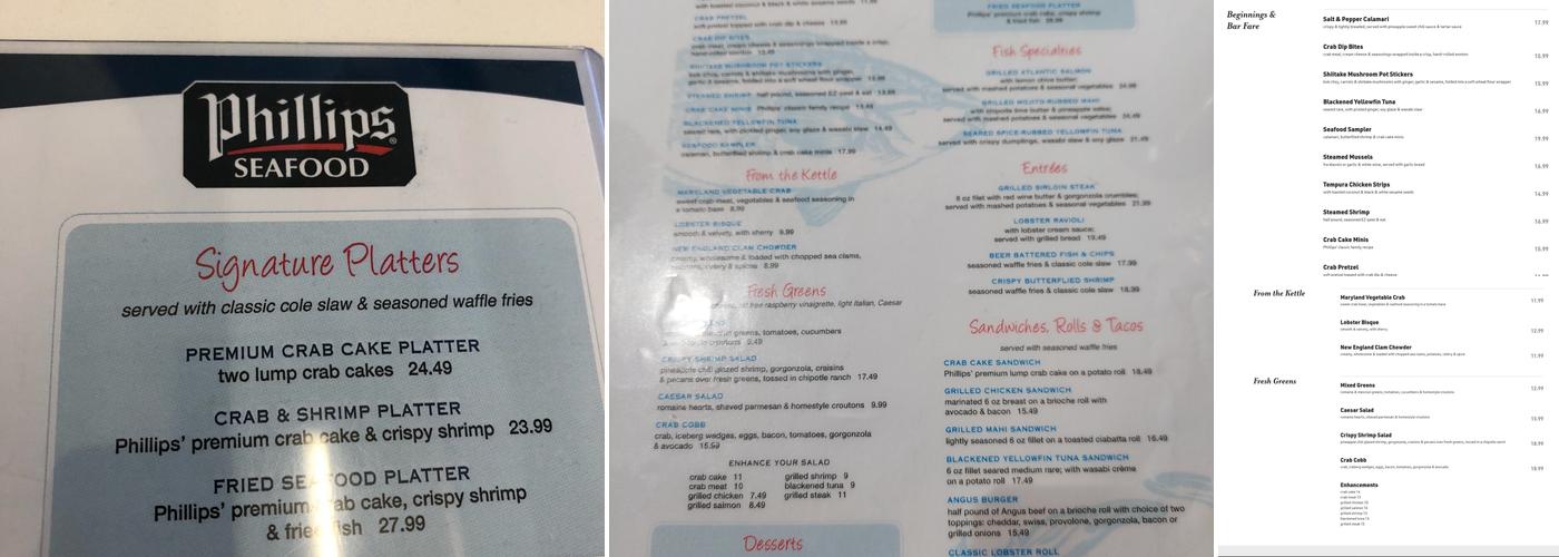 Phillips Seafood Menu
