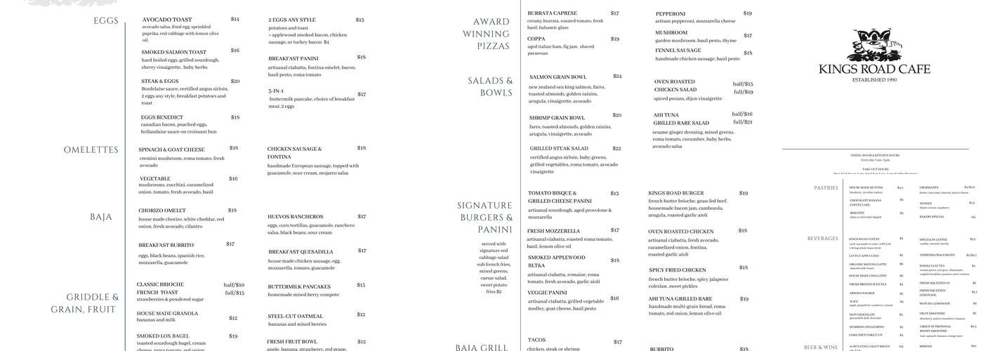 Kings Road Coffee and Café Menu