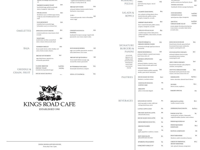Kings Road Coffee and Café Menu
