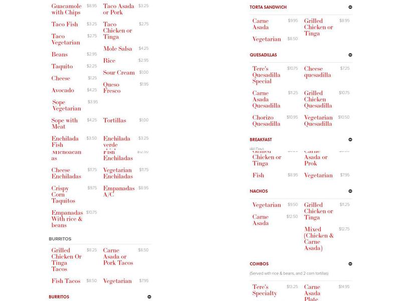 Tere's Mexican Grill Menu