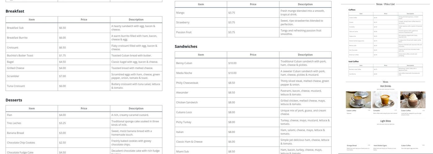 Buchito Menu