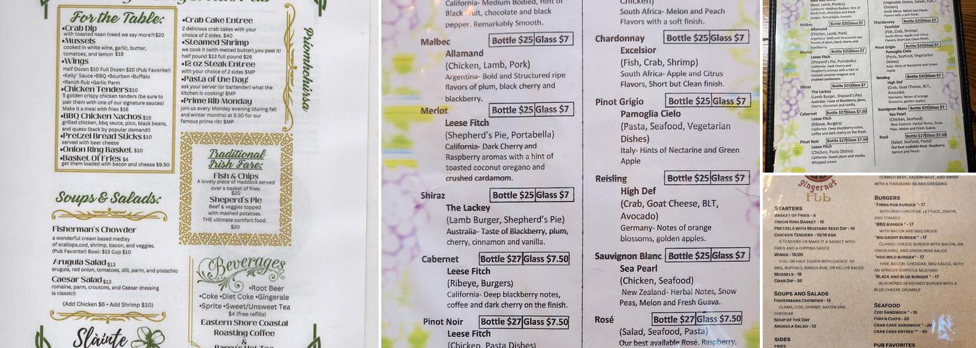 Kelly's Gingernut Pub Menu