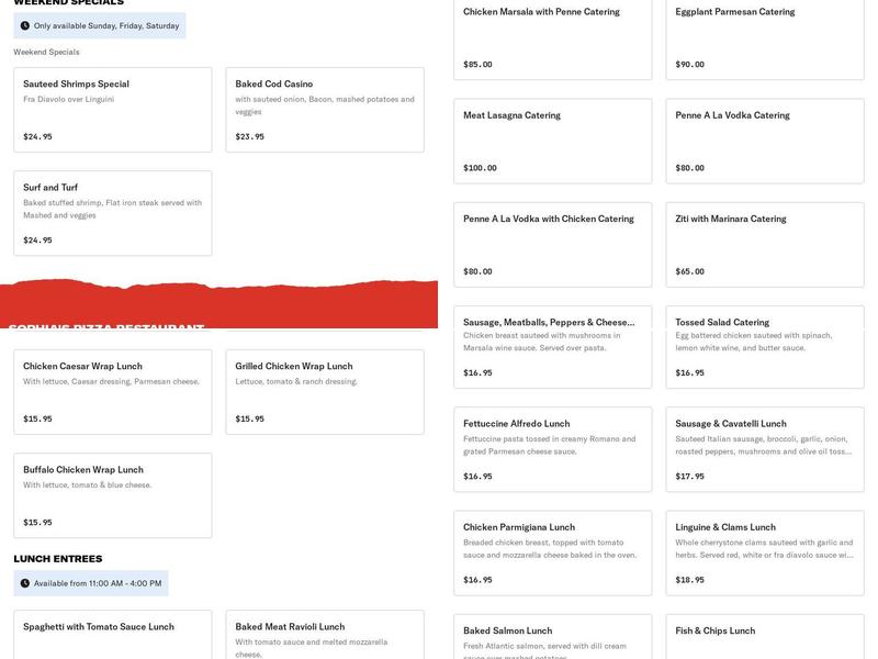 Sophia's Pizza Restaurant Menu