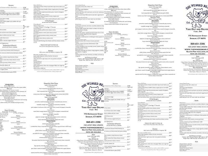 The Winged Bear Menu