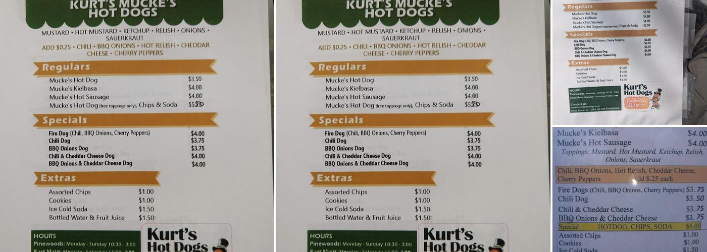 Kurt's Mucke's Hot Dogs Menu