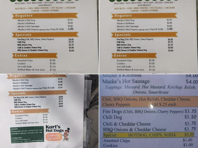 Kurt's Mucke's Hot Dogs Menu