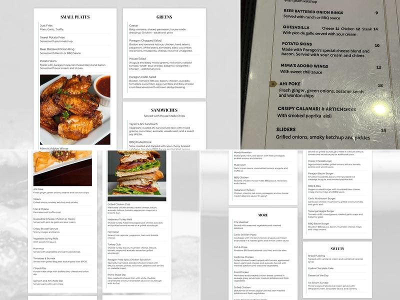 Paragon Bar and Grill Menu
