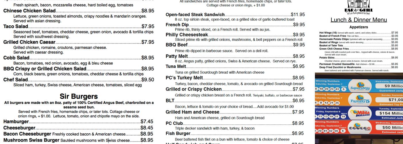 PC'S Bar & Grill Menu