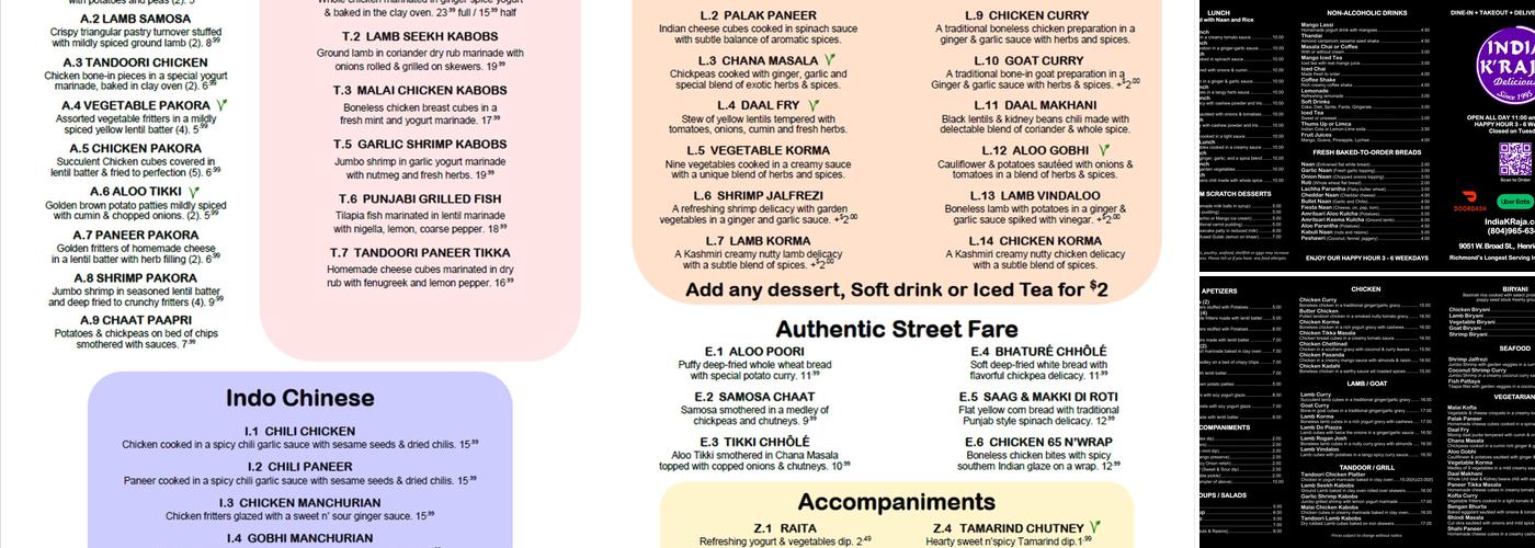 India K' Raja Restaurant Menu