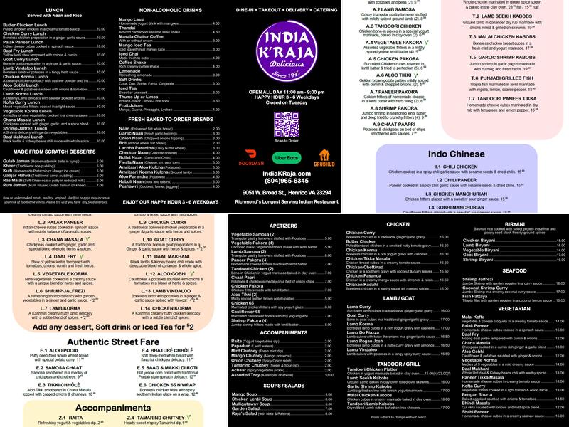 India K' Raja Restaurant Menu