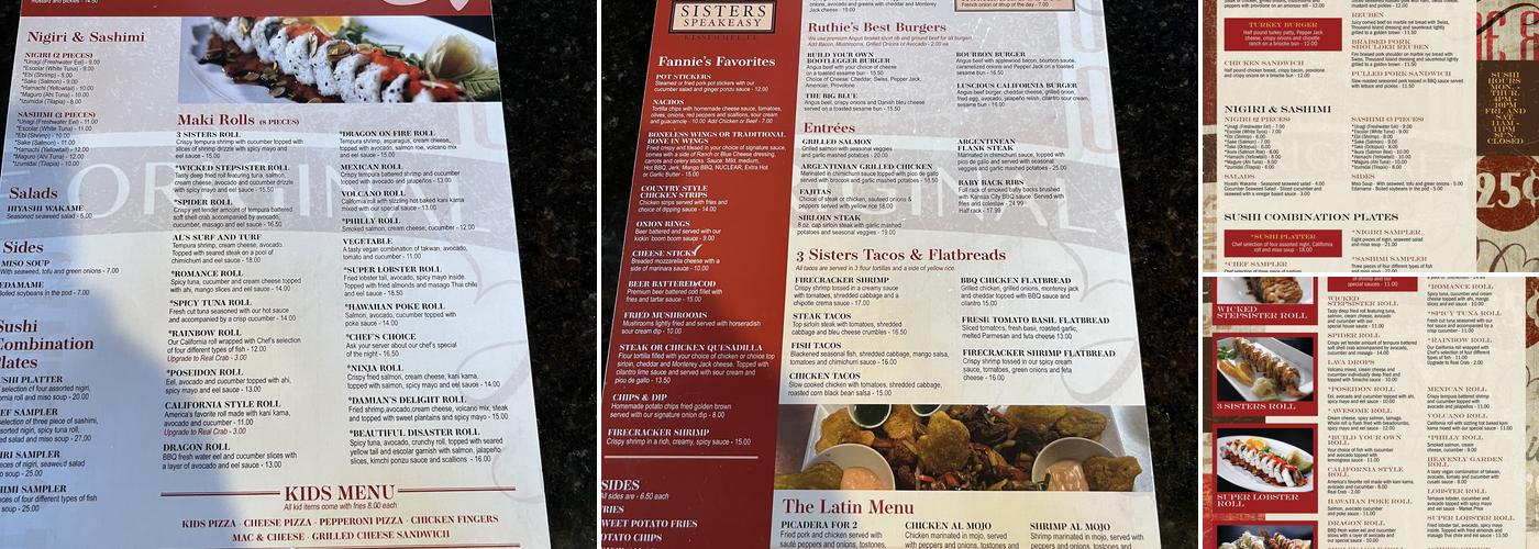 3 Sisters Speakeasy Menu