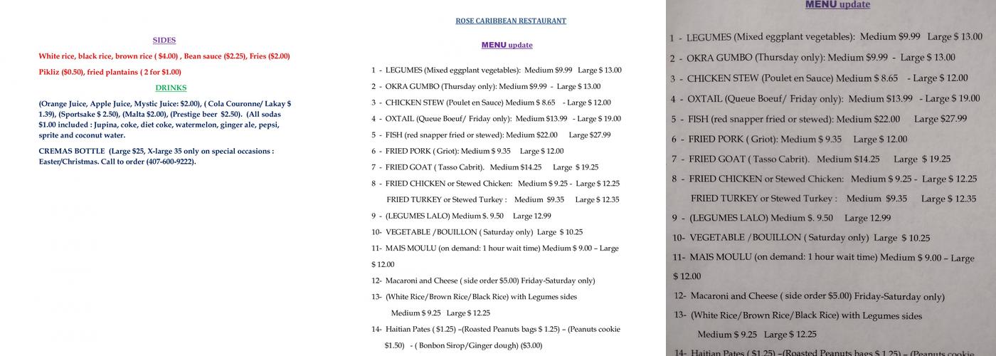 Rosie Mangé Creole Caribbean Restaurant Menu
