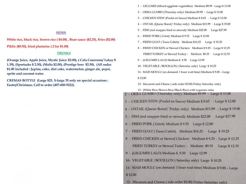 Rosie Mangé Creole Caribbean Restaurant Menu