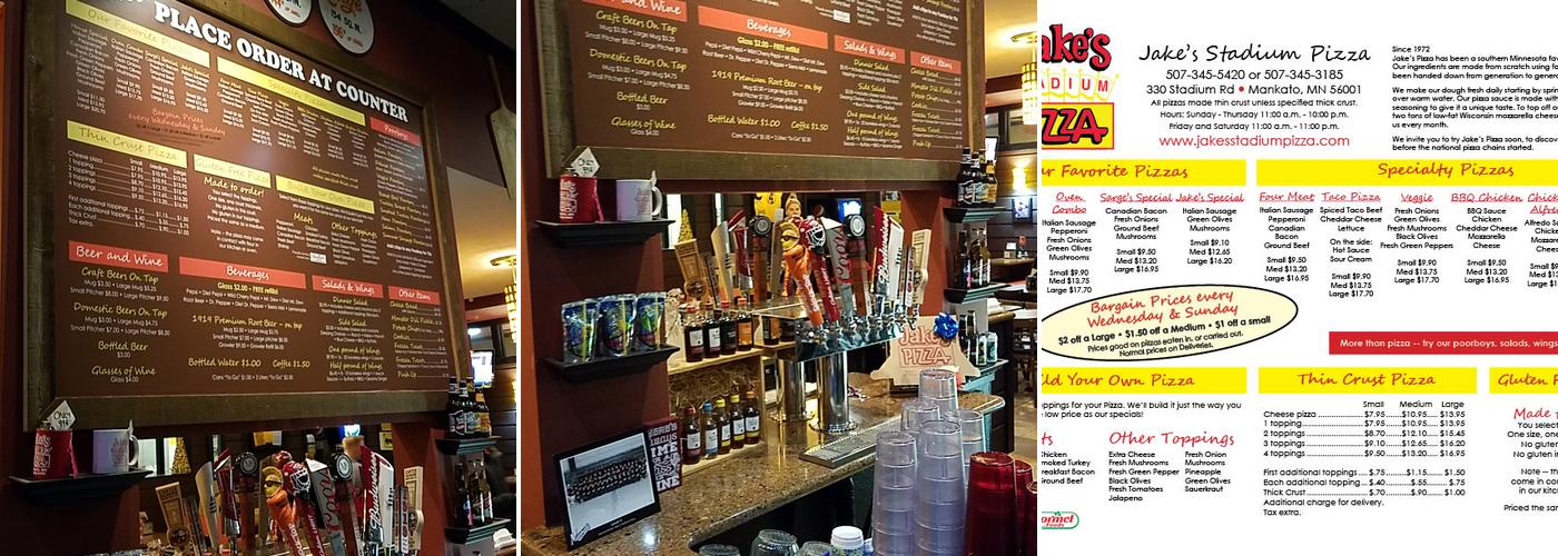 Jake's Stadium Pizza Menu