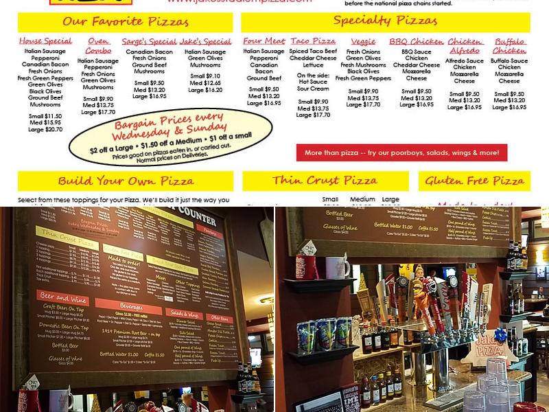 Jake's Stadium Pizza Menu