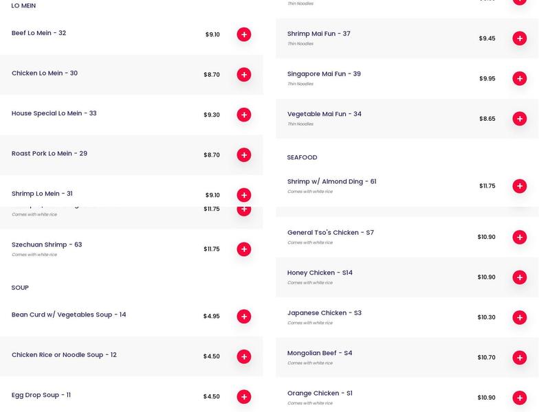 Hong Kong Buffet Menu