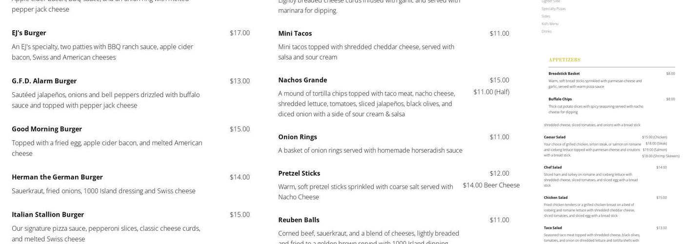 E J's Restaurant Menu