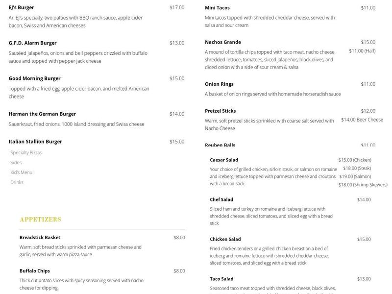 E J's Restaurant Menu