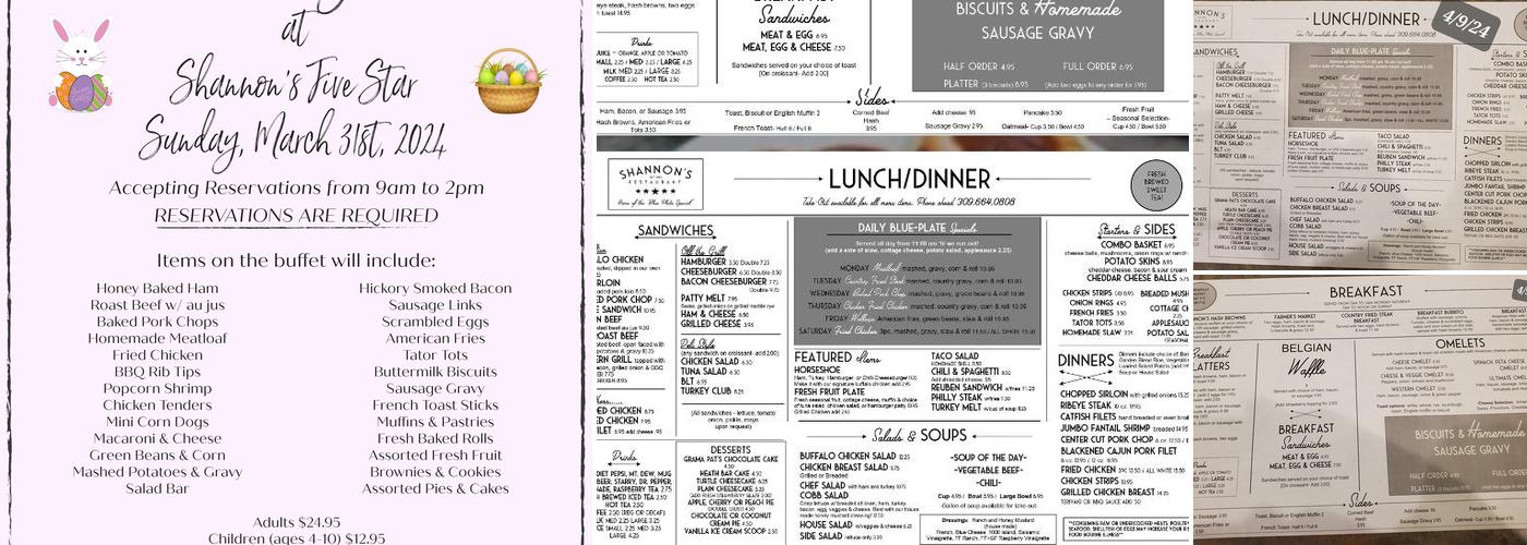 Shannon's Five Star Menu