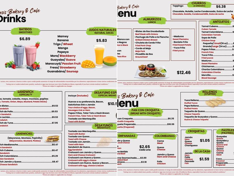 Genesis Bakery Menu