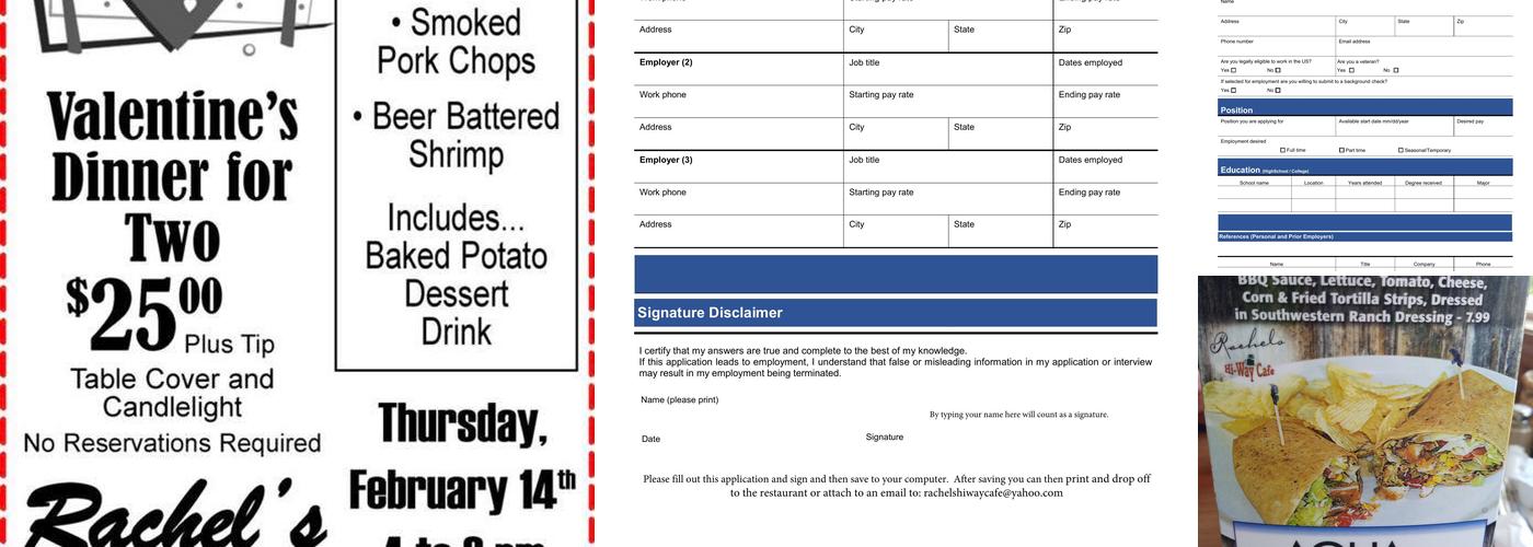 Rachel's Hi-Way Cafe Menu