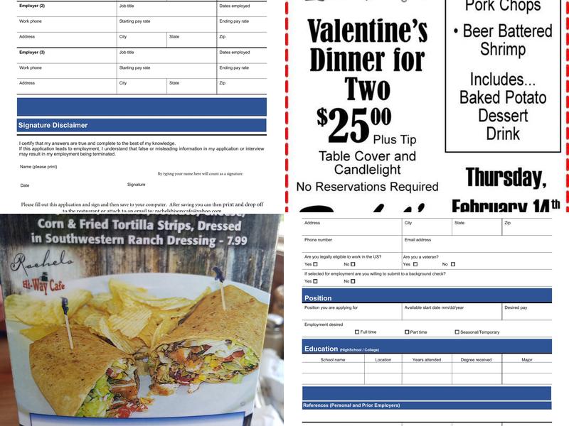 Rachel's Hi-Way Cafe Menu