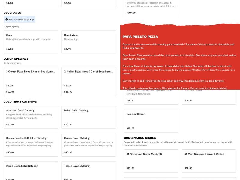 Papa Presto Pizza Menu
