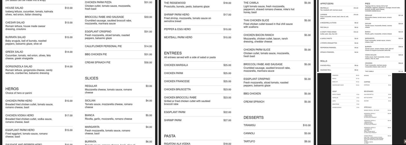 Camila’s of Front Street Pizzeria Menu