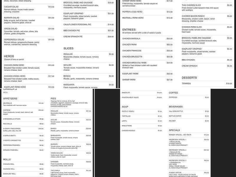 Camila’s of Front Street Pizzeria Menu