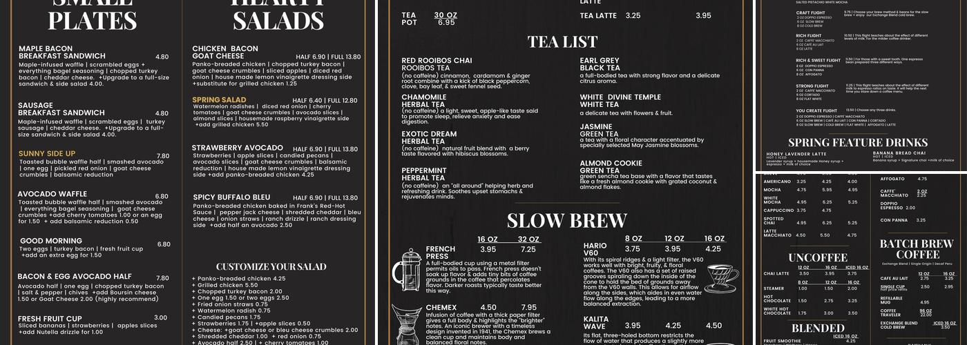 The Exchange Coffee, Mercantile & Eatery Menu
