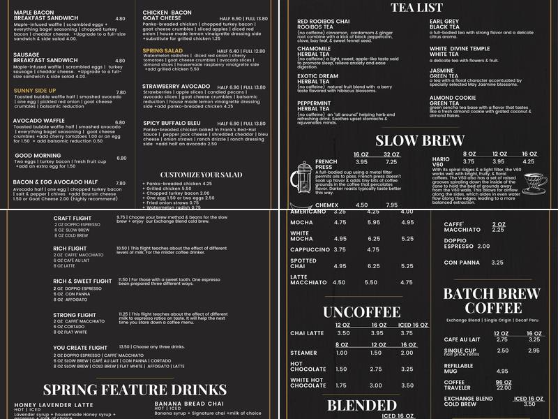 The Exchange Coffee, Mercantile & Eatery Menu